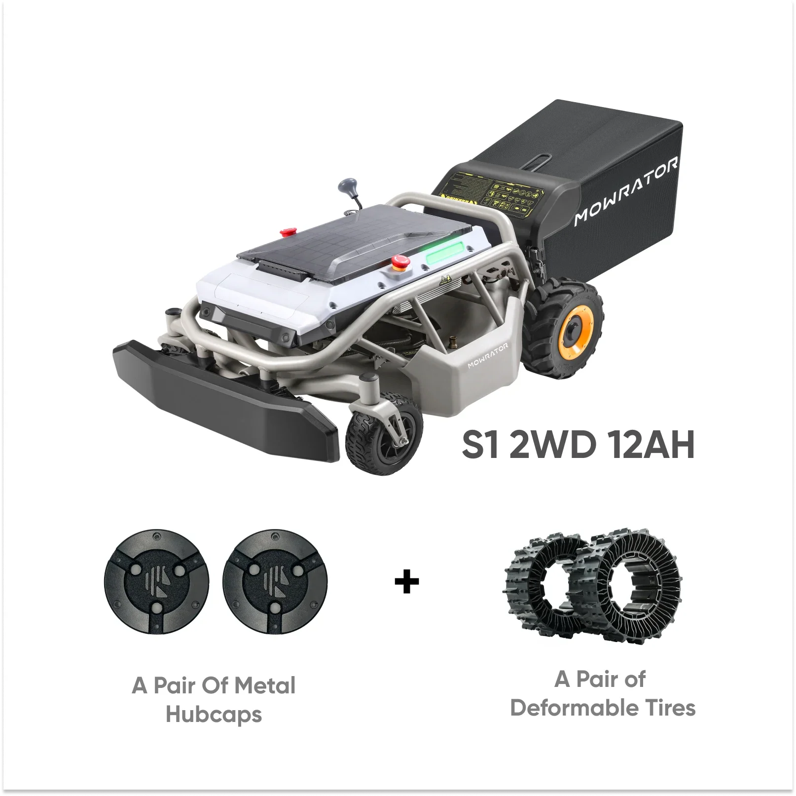 Mowrator Basic Gentle Slope Bundle(45%): S1 2WD 12AH Lawn Mower+Pair of Deformable Tires+Pair of Metal Hubcaps