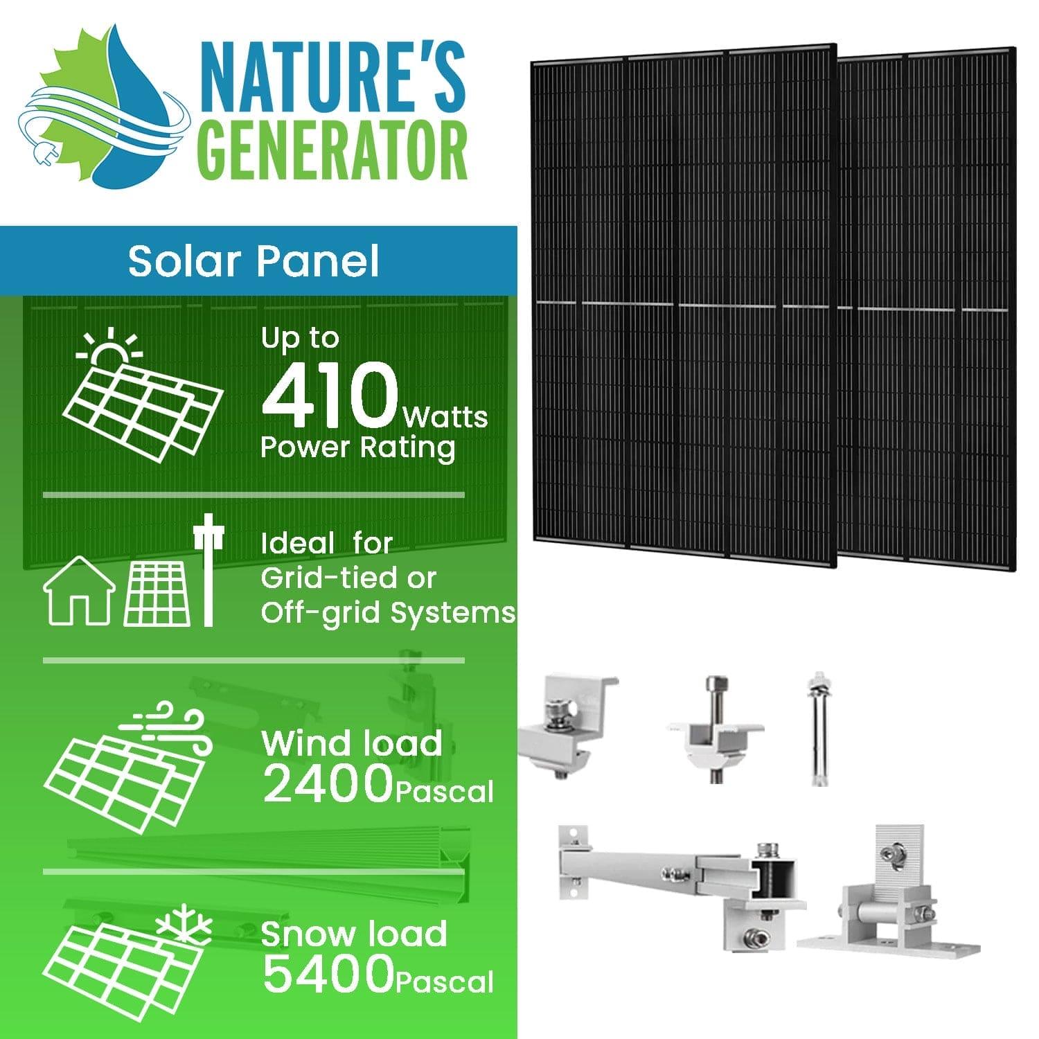 Nature's Generator 410 Watt Monocrystalline Solar Panel (4 Pack) With Solar Panel Mount Rack