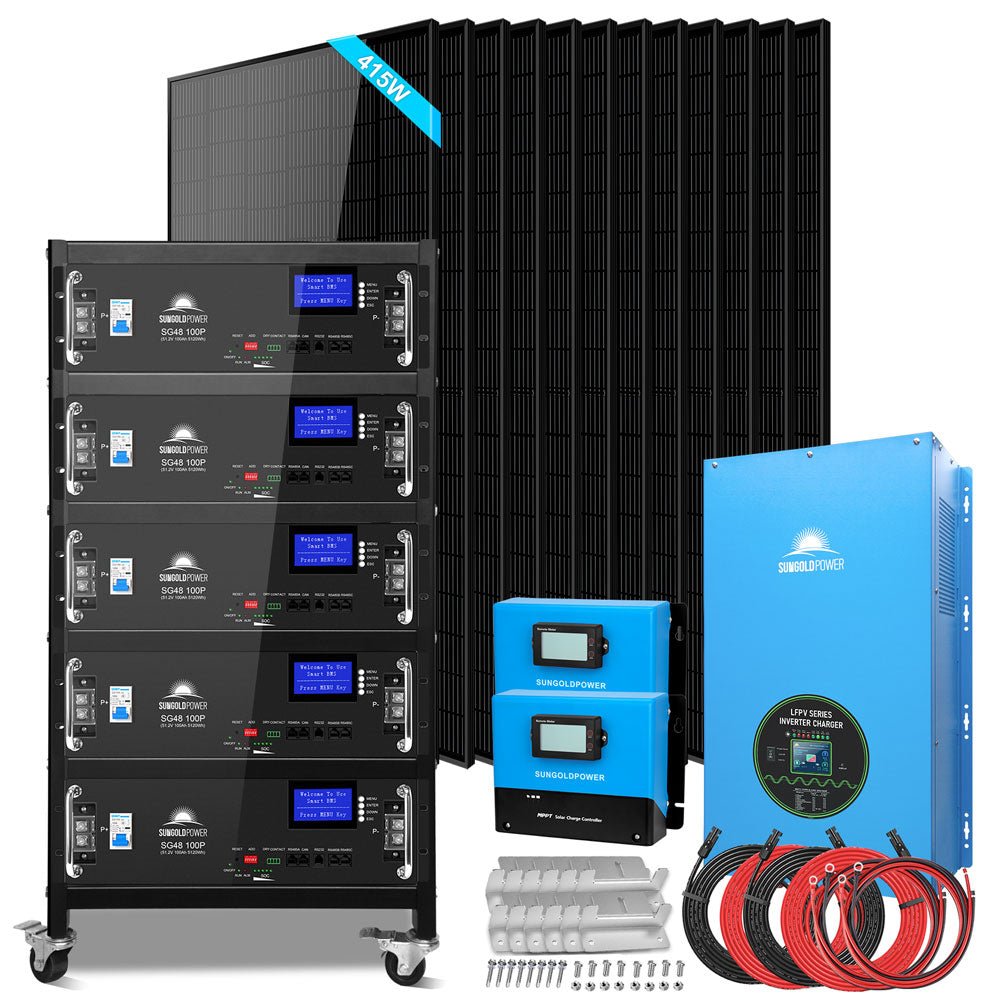 SunGoldPower Off-Grid Solar Kits 12kW/15kW/18kW Options 120V/240V with 48v LiFePO4 Lithium Batteries & 415w Solar Panels SGR-18K20E