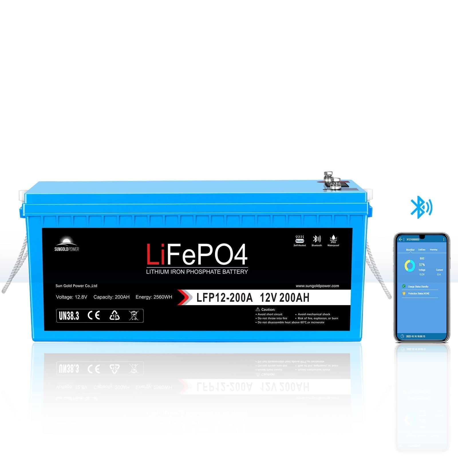 SunGoldPower 12V 100Ah/ 200Ah LiFePo4 Deep Cycle Lithium Battery Bluetooth / Self-Heating / IP65