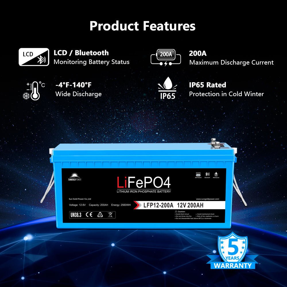 SunGoldPower LiFePo4 Deep Cycle Battery Bluetooth / SelfHeating / IP65 12V 100Ah/200Ah