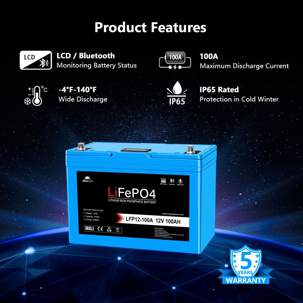 SunGoldPower LiFePo4 Deep Cycle Battery Bluetooth / SelfHeating / IP65 12V 100Ah/200Ah