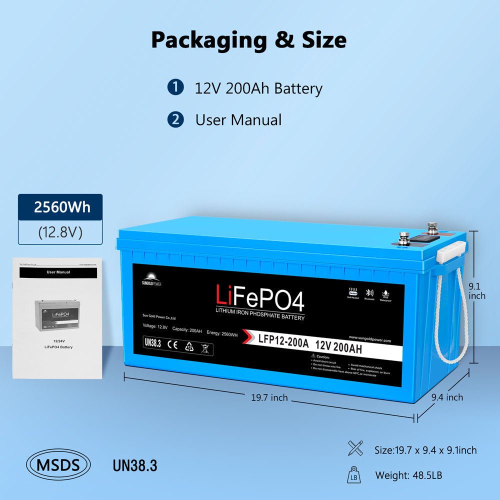 SunGoldPower LiFePo4 Deep Cycle Battery Bluetooth / SelfHeating / IP65 12V 100Ah/200Ah