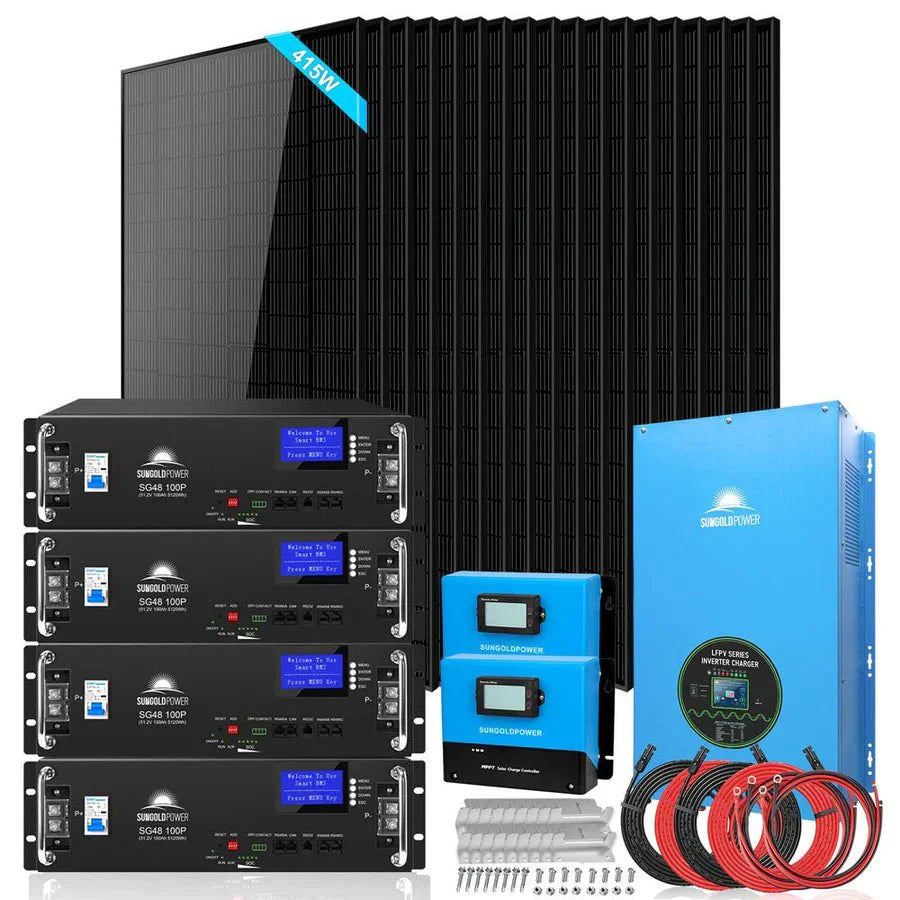 SunGoldPower Off-Grid Solar Kits 12kW/15kW/18kW Options 120V/240V with 48v LiFePO4 Lithium Batteries & 415w Solar Panels SGR-18K20E