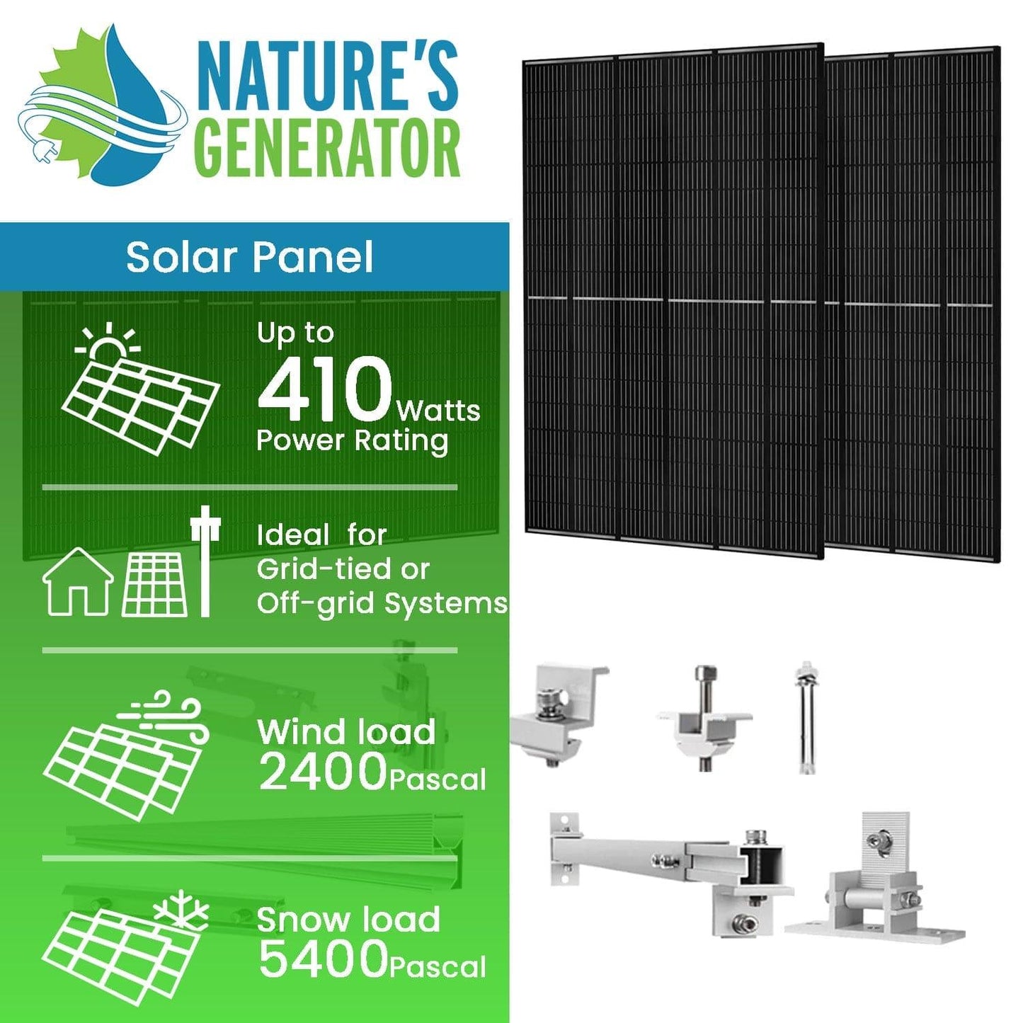 Natures Generator Solar Panel 410 Watt (4 Pack) With Mount Rack
