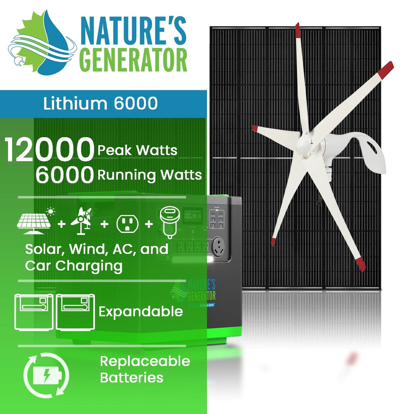 Natures Generator Lithium 6000 with Solar Panels and Wind Turbine
