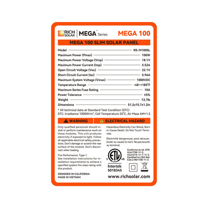 Rich Solar Renogy 100W Slim Solar Panel Compact 12V For Camping Boats