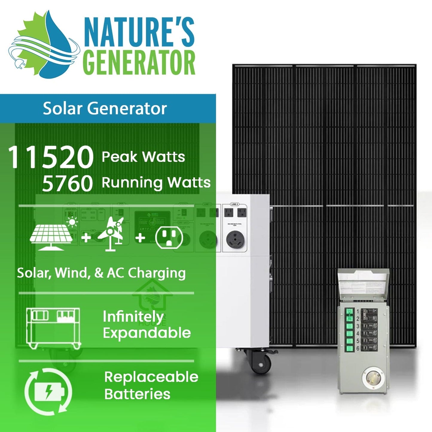 Natures Generator Powerhouse with Solar Panel and Transfer Switch