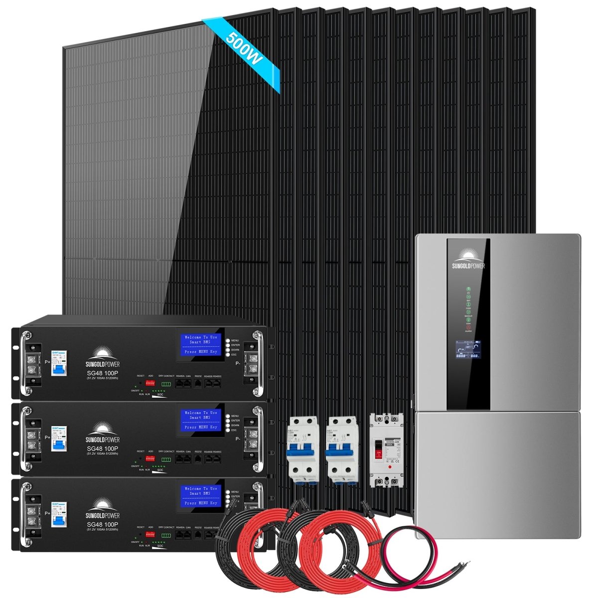 SunGoldPower Hybrid Solar Kit 7.6KW 48V Split Phase 15.36KWH/30.72KWH Lithium Battery 415/ 500 Watt Solar Panel SGH-7.6N3E/ SGH-7.6DN6E