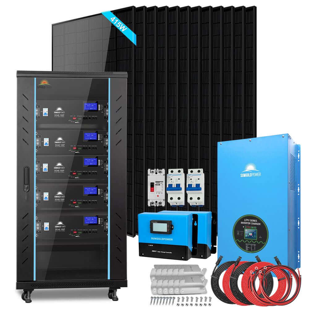 SunGoldPower Off-Grid Solar Kits 12kW/15kW/18kW Options 120V/240V with 48v LiFePO4 Lithium Batteries & 415w Solar Panels SGR-18K20E