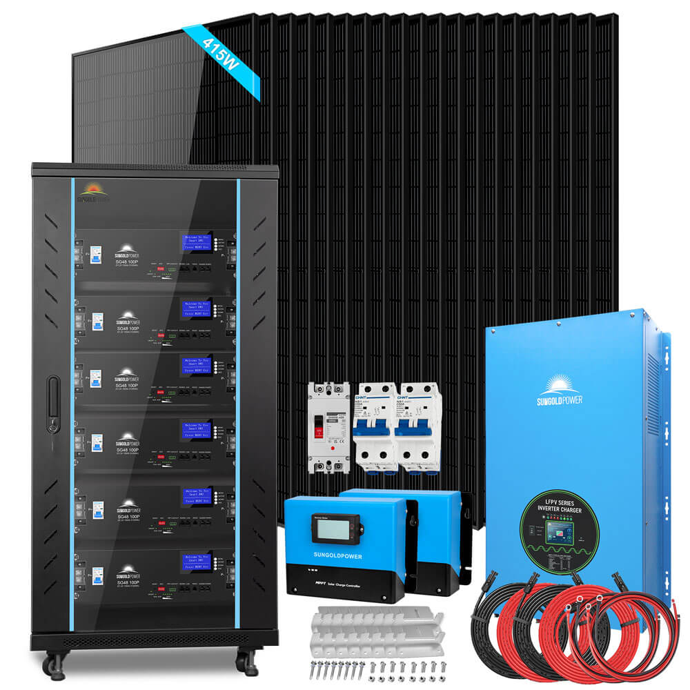 SunGoldPower Off-Grid Solar Kits 12kW/15kW/18kW Options 120V/240V with 48v LiFePO4 Lithium Batteries & 415w Solar Panels SGR-18K20E