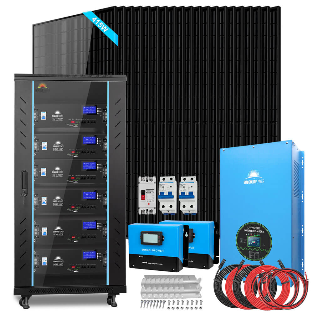 SunGoldPower Off-Grid Solar Kits 12kW/15kW/18kW Options 120V/240V with 48v LiFePO4 Lithium Batteries & 415w Solar Panels SGR-18K20E
